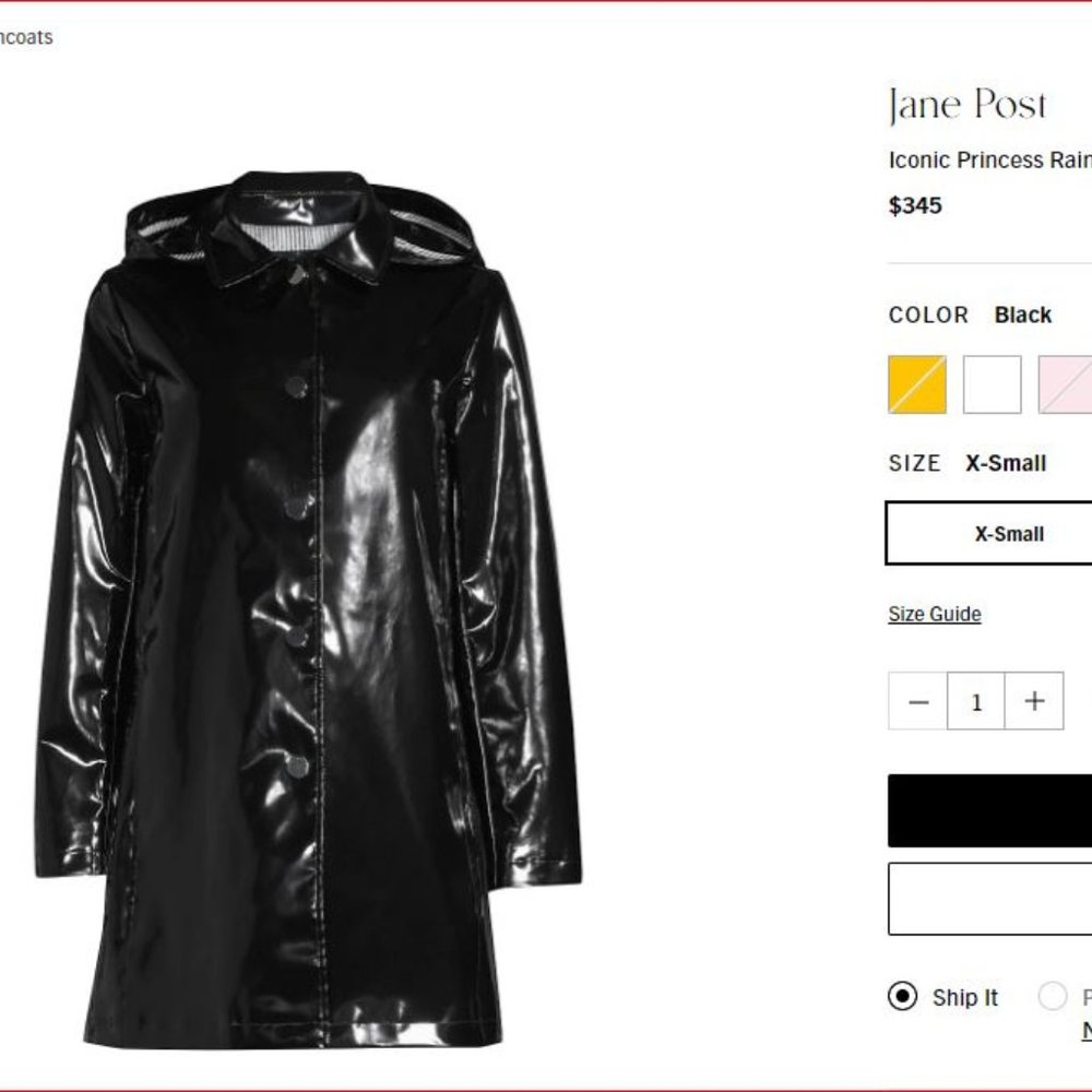 Jane Post Princess Raincoat, Black, Small, removable hood, snap close, pockets